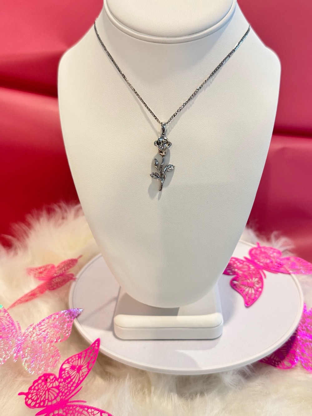 Sterling Silver Rose Pendant Necklace - Silver